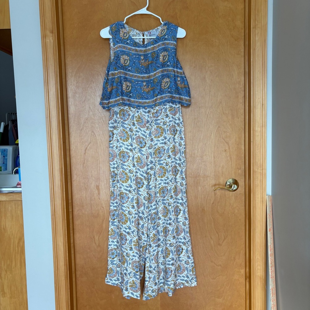 Rhsley Womens Jumpsuit Floral Print Blue White Wide Leg Size large